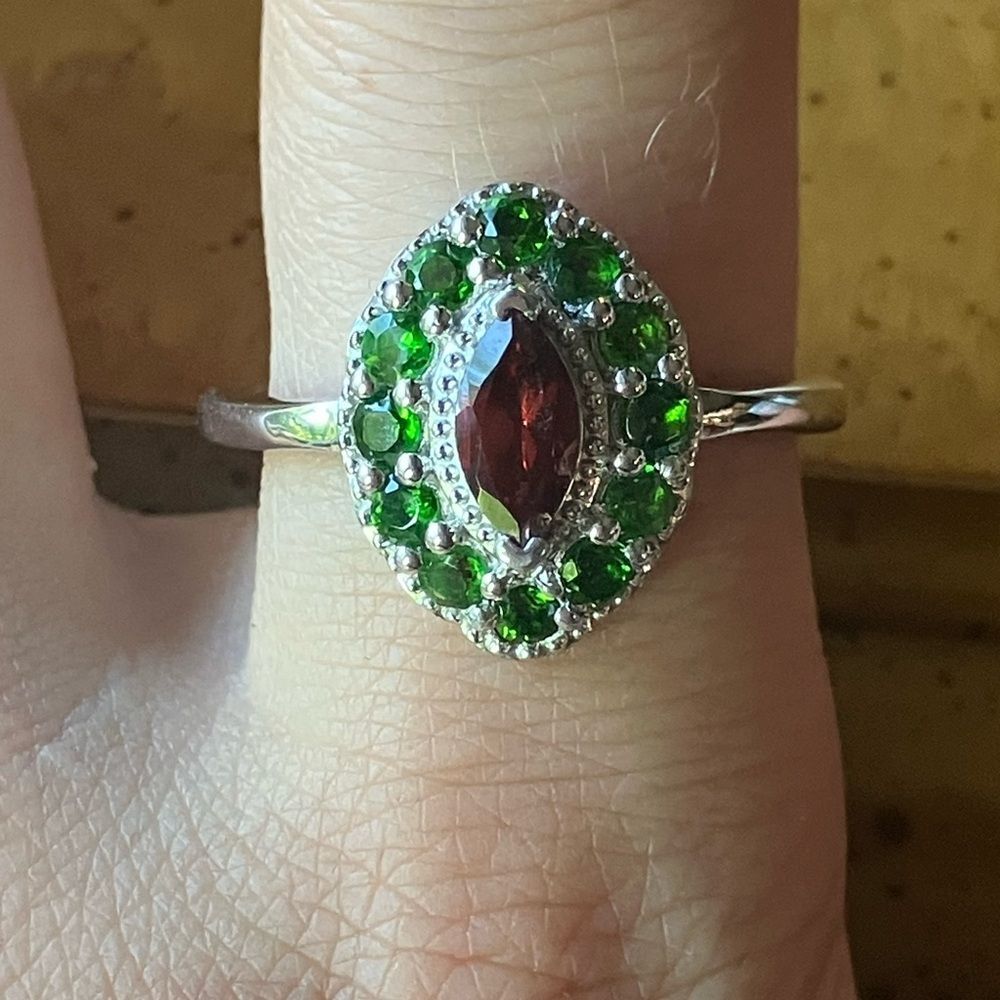 Natural Red Garnet Chrome Diopside Sterling Silver Halo Ring Size 10